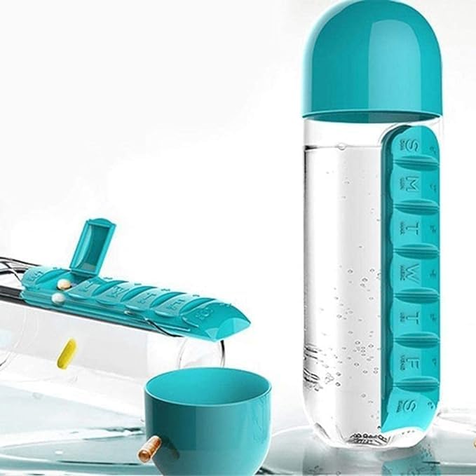 UM - Portable Pill Box & Water Bottle Combo – Convenient Medicine Organizer for Elderly, Multicolor