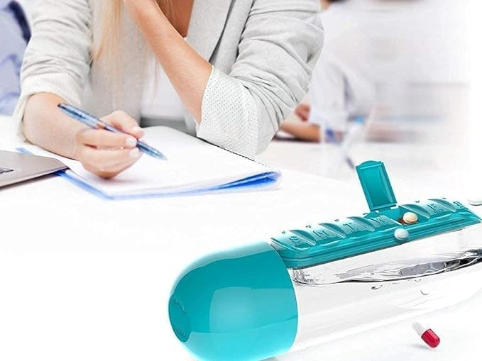 UM - Portable Pill Box & Water Bottle Combo – Convenient Medicine Organizer for Elderly, Multicolor