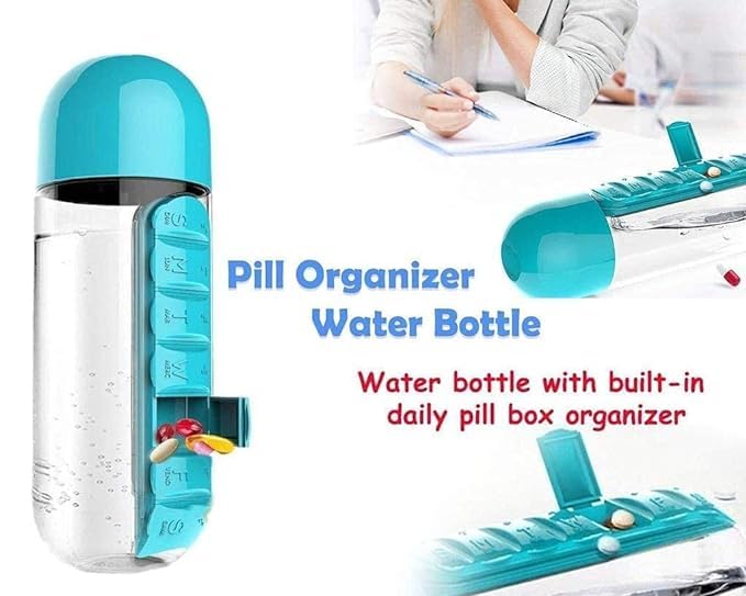 UM - Portable Pill Box & Water Bottle Combo – Convenient Medicine Organizer for Elderly, Multicolor