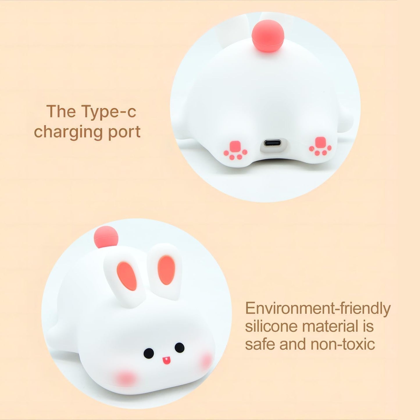 UM - Adorable Rabbit Night Light for Kids – Soft Silicone Nursery Lamp with Touch Control, USB Rechargeable Bedside Nightlight, Perfect Gift for Babies, Toddlers, Children, Teen Girls, and Women
