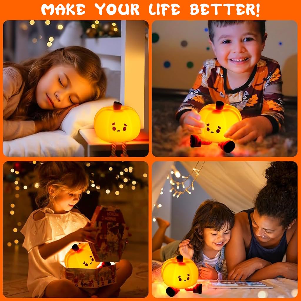 UM - Adorable Pumpkin LED Night Lamp for Kids – Dimmable Silicone Bedside Touch Light, USB Rechargeable, Perfect for Halloween Decor and Gifts for Kids & Women