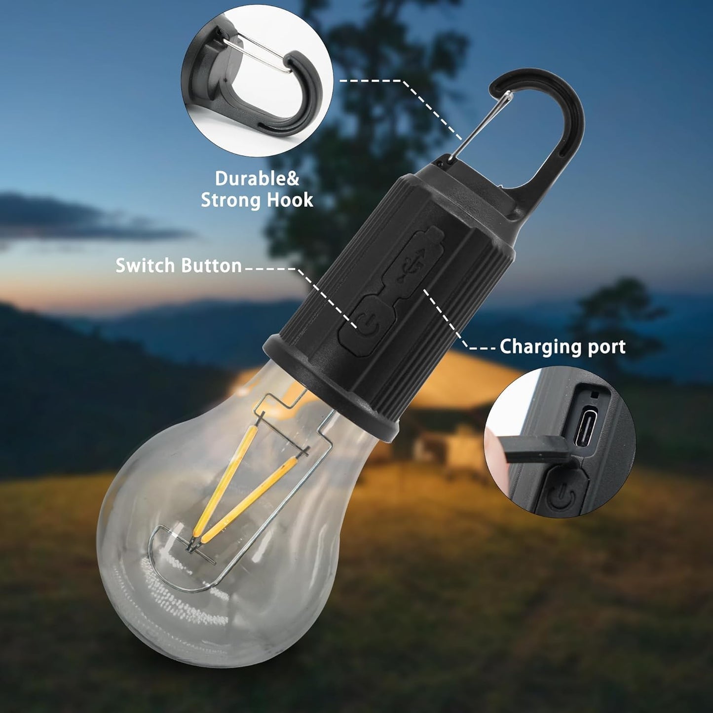 UM - Portable Rechargeable LED Camping Lantern - Waterproof Hanging Light with USB Charging, 3 Modes, Ideal for Camping, Hiking, Emergencies, Home Use & Car Repairs (Round)