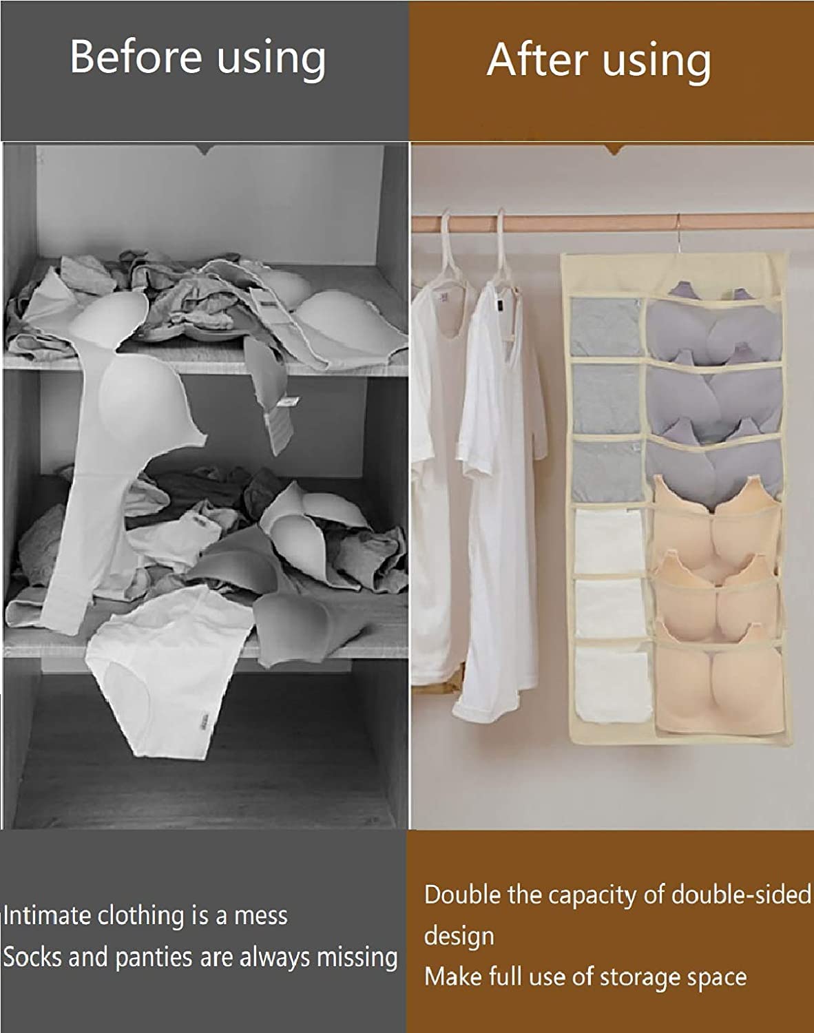 UM - Double-Sided 30-Pocket Clear Hanging Organizer for Socks, Bras, and Underwear – Space-Saving Closet Storage Rack with Non-Woven Material (1-Pack)
