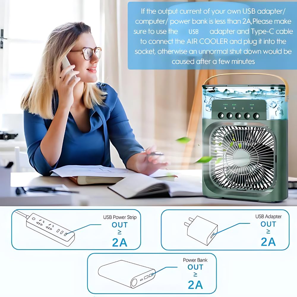 RRI - Portable Mini Air Cooler & Conditioner Fan with 7-Color LED Light, Adjustable Timer (1/2/3 H), 3 Wind Speeds & Spray Modes – Stylish, Compact Design (Color May Vary)