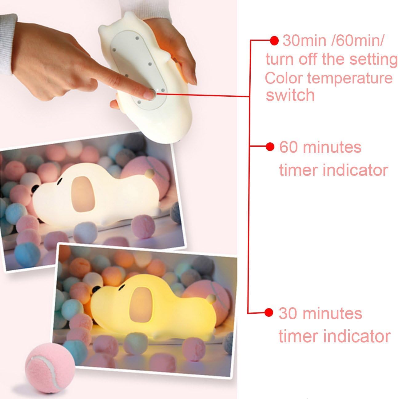 UM - Sleepy Pup Silicone LED Night Light – Touch Sensor, Adjustable Warm & Cool Light, Timer Function for Kids' Bedroom & Nursery