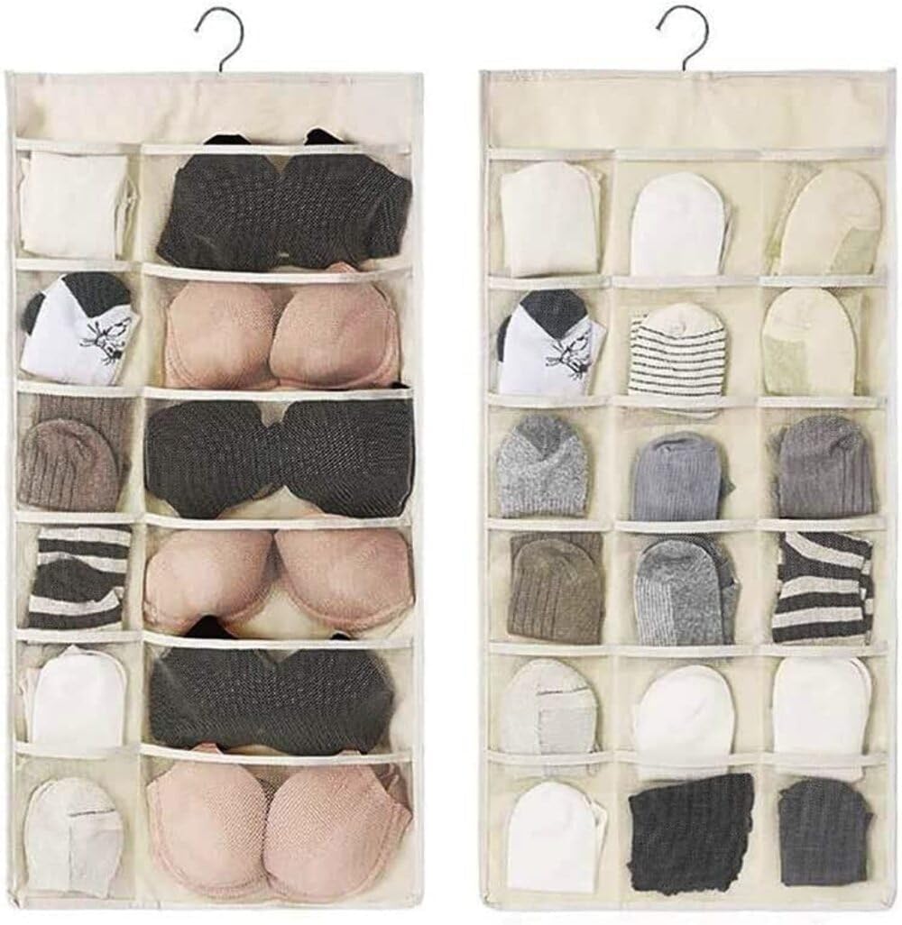 UM - Double-Sided 30-Pocket Clear Hanging Organizer for Socks, Bras, and Underwear – Space-Saving Closet Storage Rack with Non-Woven Material (1-Pack)