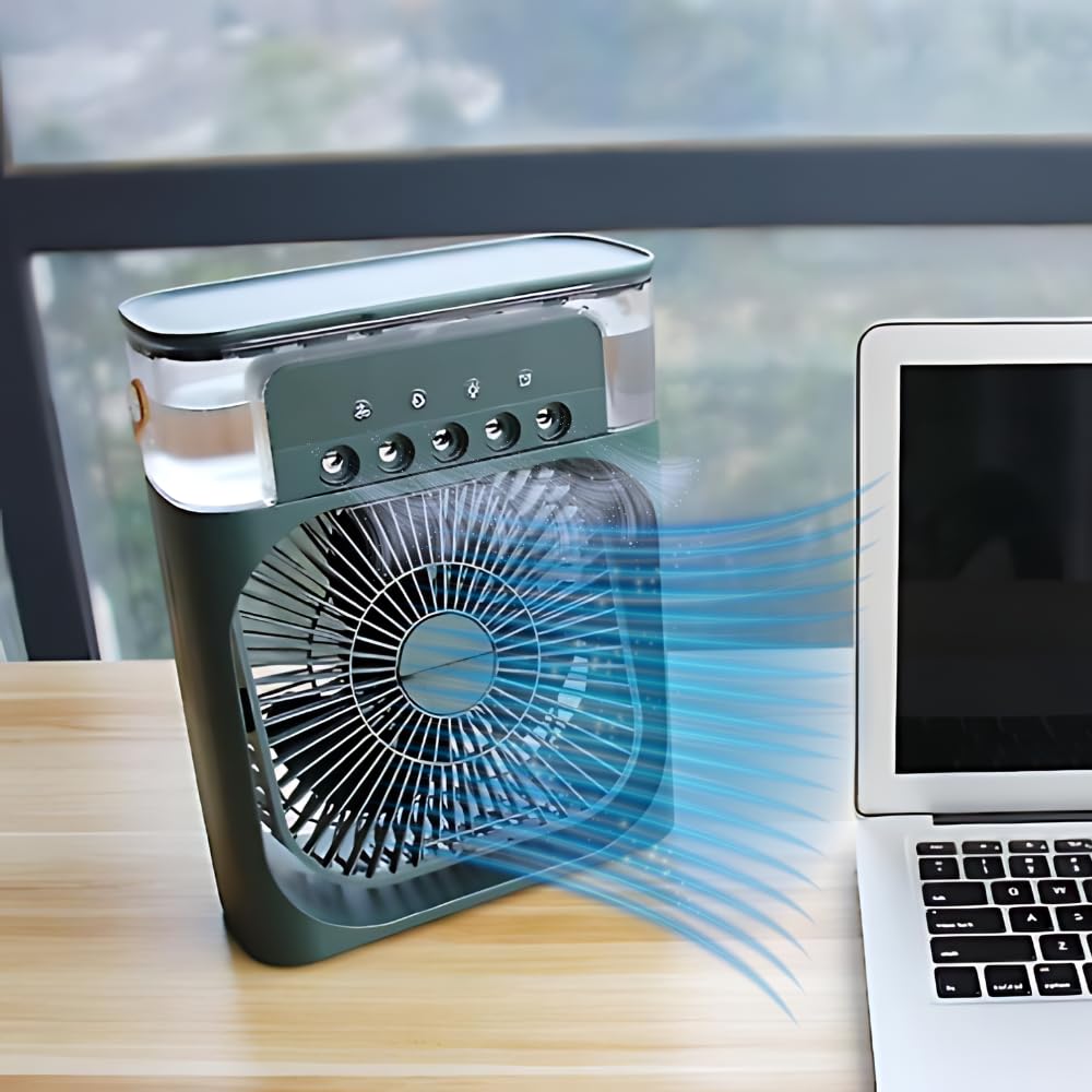 RRI - Portable Mini Air Cooler & Conditioner Fan with 7-Color LED Light, Adjustable Timer (1/2/3 H), 3 Wind Speeds & Spray Modes – Stylish, Compact Design (Color May Vary)