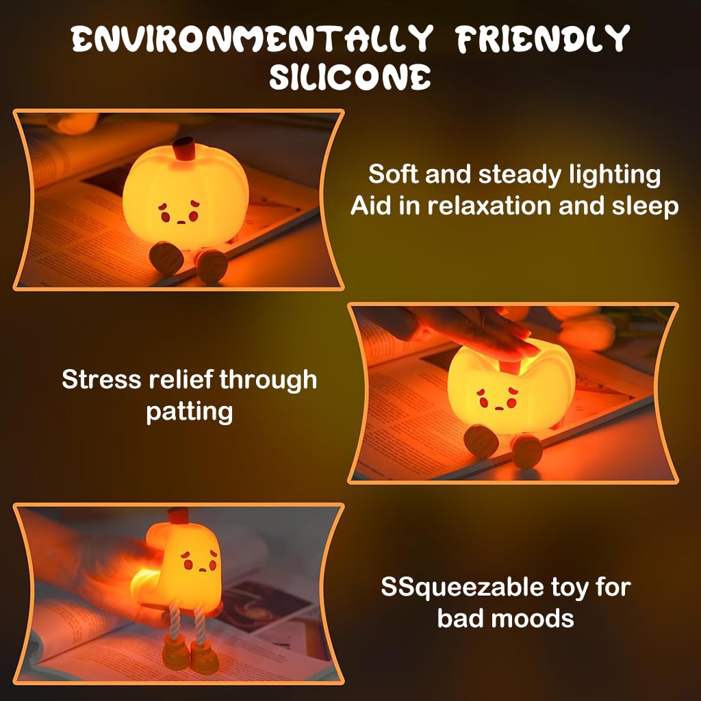 UM - Adorable Pumpkin LED Night Lamp for Kids – Dimmable Silicone Bedside Touch Light, USB Rechargeable, Perfect for Halloween Decor and Gifts for Kids & Women