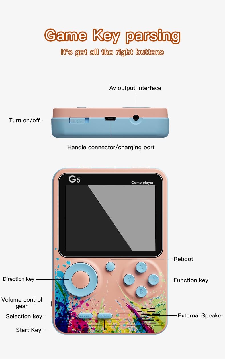 RRI - Retro G5 Handheld Game Console – 500 Classic Games in One, Single-Player Gamepad with TV Compatibility Featuring Iconic Titles like Contra, Tank, Bomber Man & More