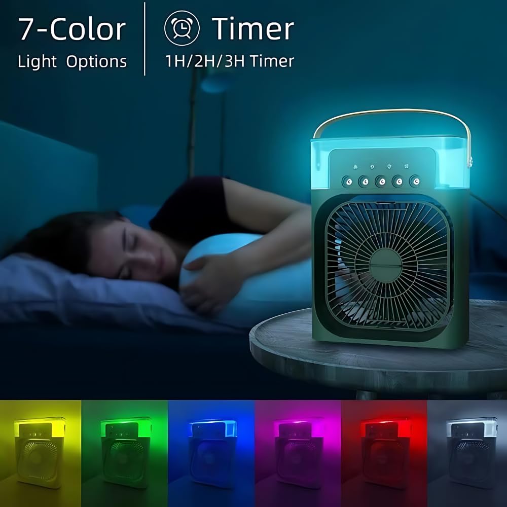 RRI - Portable Mini Air Cooler & Conditioner Fan with 7-Color LED Light, Adjustable Timer (1/2/3 H), 3 Wind Speeds & Spray Modes – Stylish, Compact Design (Color May Vary)