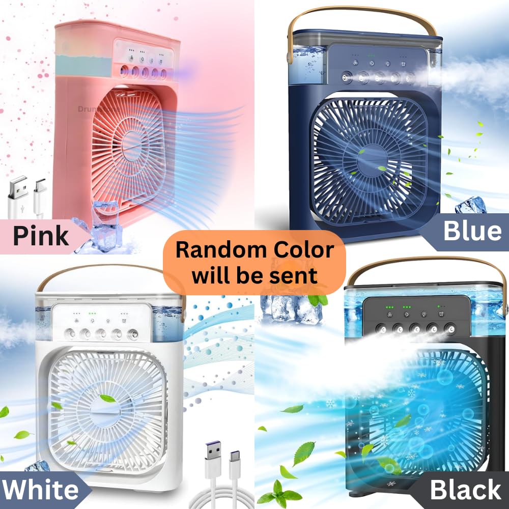RRI - Portable Mini Air Cooler & Conditioner Fan with 7-Color LED Light, Adjustable Timer (1/2/3 H), 3 Wind Speeds & Spray Modes – Stylish, Compact Design (Color May Vary)