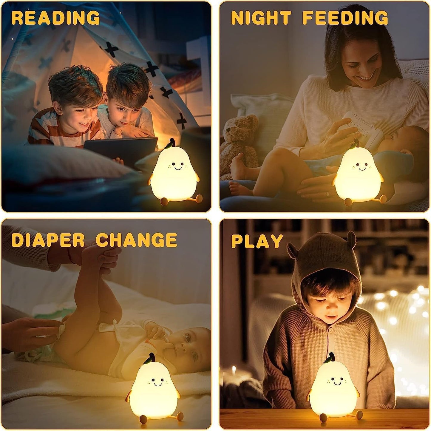 UM - Adorable Pear-Shaped Silicone Night Light for Kids – Touch Sensor, USB Rechargeable, Perfect Nursery Lamp & Gift for Babies, Toddlers, Boys & Girls – Ideal Christmas Gift