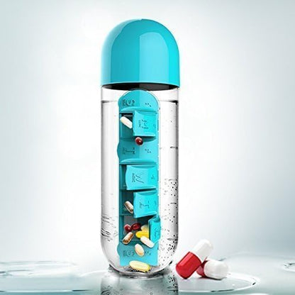 UM - Portable Pill Box & Water Bottle Combo – Convenient Medicine Organizer for Elderly, Multicolor