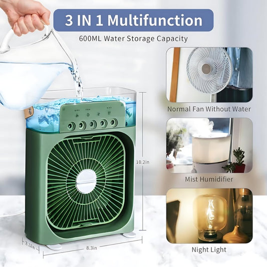 RRI - Portable Mini Air Cooler & Conditioner Fan with 7-Color LED Light, Adjustable Timer (1/2/3 H), 3 Wind Speeds & Spray Modes – Stylish, Compact Design (Color May Vary)