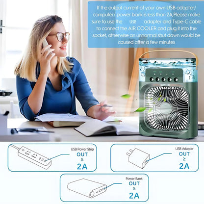 RRI - Portable Mini Air Cooler & Conditioner Fan with 7-Color LED Light, Adjustable Timer (1/2/3 H), 3 Wind Speeds & Spray Modes – Stylish, Compact Design (Color May Vary)